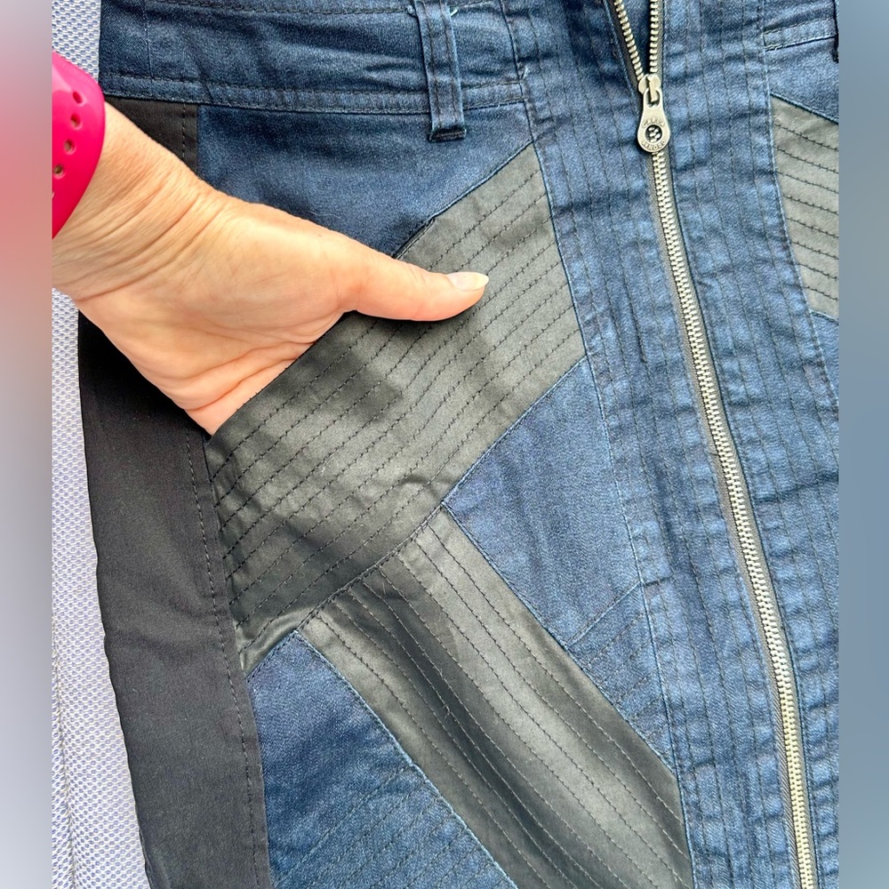 C.D.N Denim Mini Skirt | Dark Wash | Black Panel | Size 38